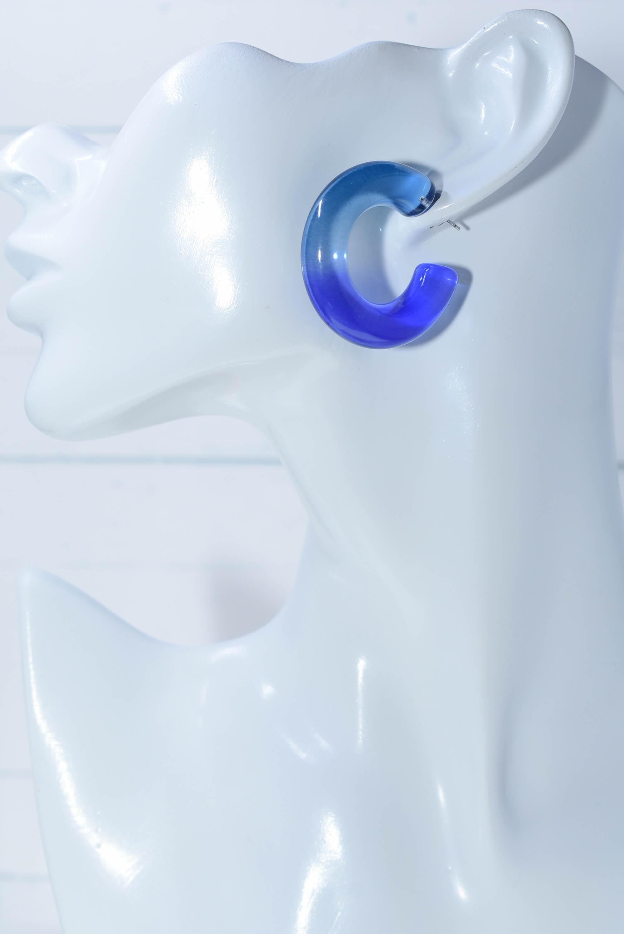 Translucent Gradient Blue Retro Boho Semi Chunky Lucite Ombre Jelly 1.5" Hoop Earrings