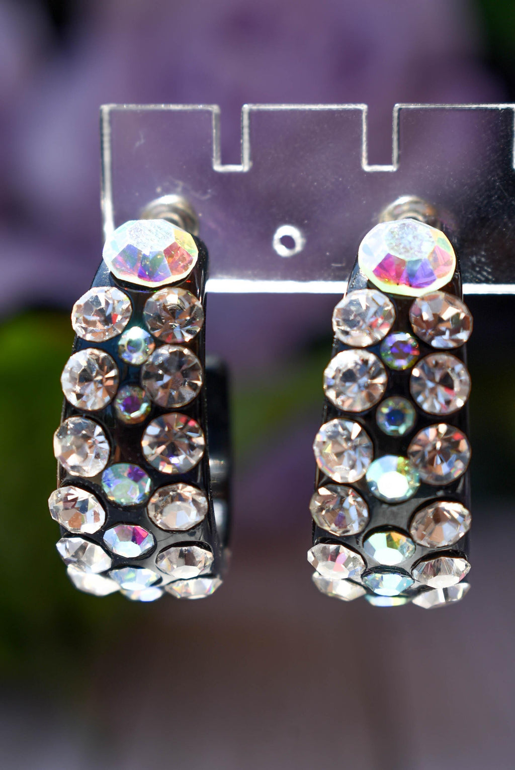 Black Bling Statement Semi Wide Clear/AB Rhinestones 1" Women's Hoop Earrings Pageant Weddings Night Out Diva Pageant