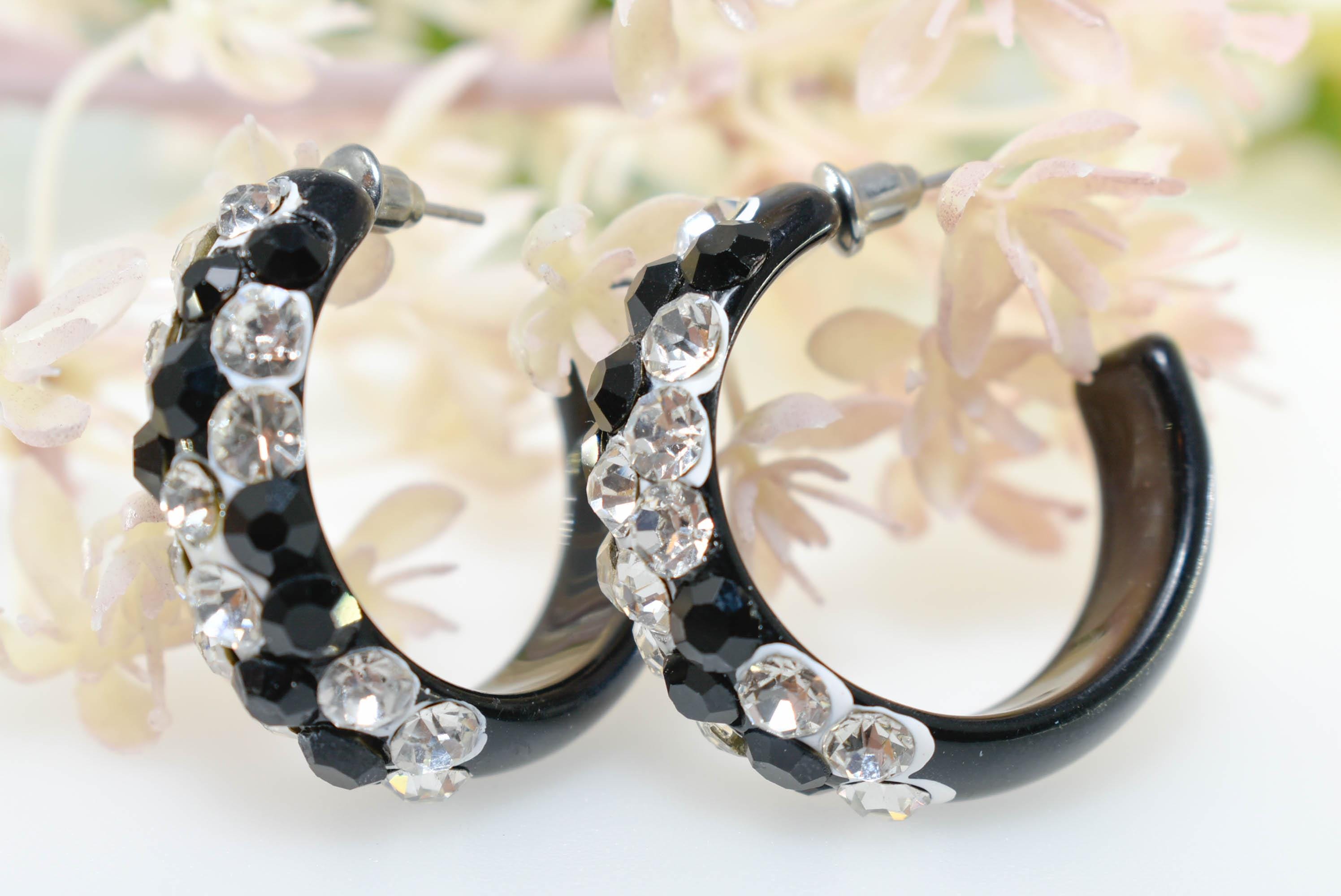 Black Bling Statement Acrylic Lucite Clear/Black Rhinestones 1.25" Women's Hoop Earrings with White Paint Accent Pageant Weddings Night Out