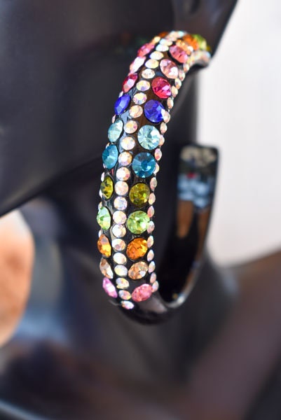 Black 5 Row Bling Statement Acrylic Lucite Multicolor Rhinestones 2.5" Women's Hoop Earrings Pageant Weddings Night Out Diva Pageant