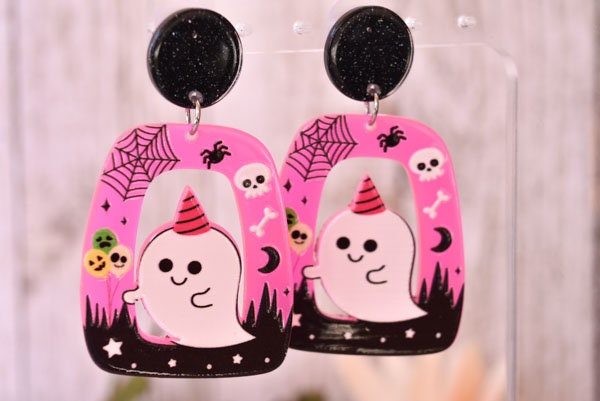 Abstract Shape Halloween Cute Ghost Glitter Acrylic Neon Pink Holiday Women Girls Dangle Earrings Emo Goth Steampunk