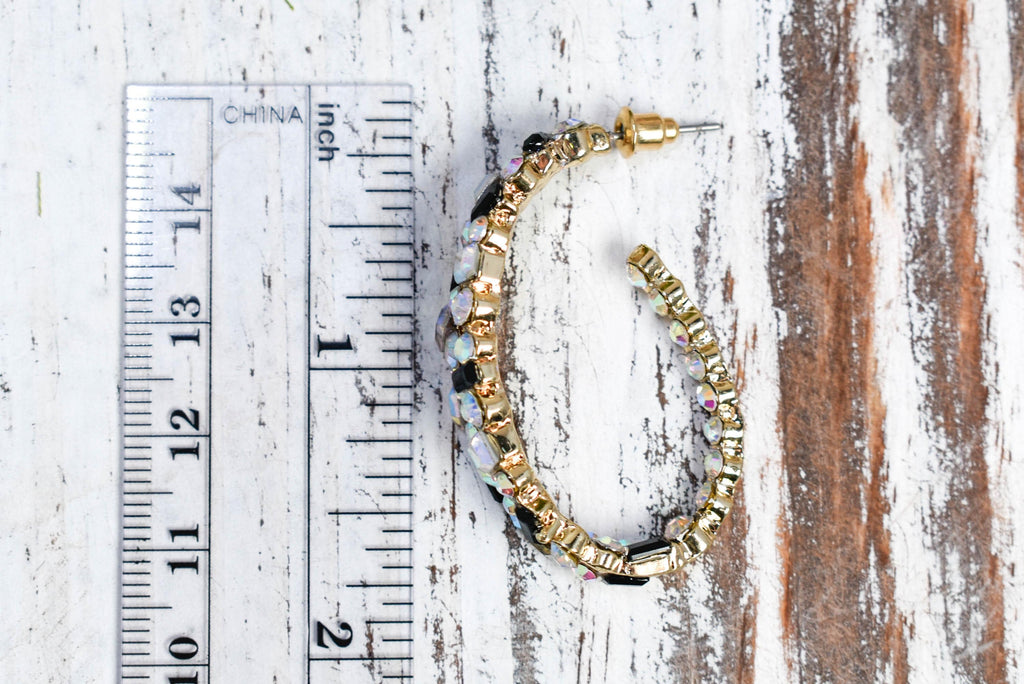 Bling Diva Semi Oblong Gold Tone AB Iridescent, Clear and Black Rhinestone Embellished Hoop Earrings Fashion Accessory Pageant Jewelry