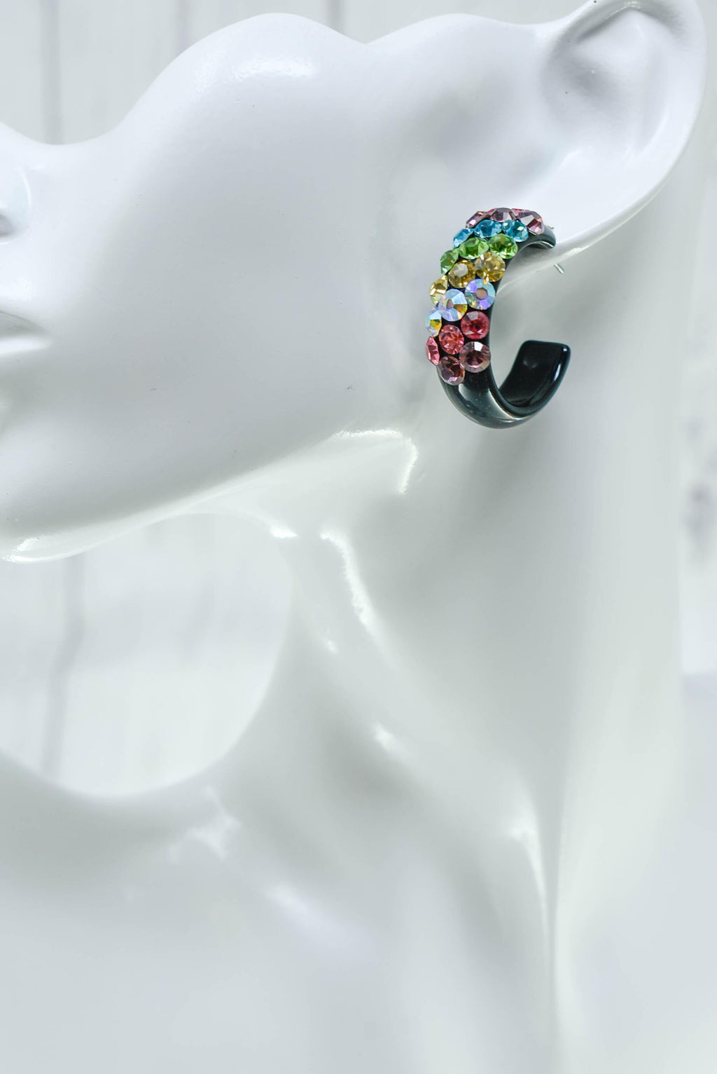 Black Diagonal Pattern Bling Lucite Light Multicolor Rhinestones 1.25" Hoop Earrings Pageant Weddings Night Out