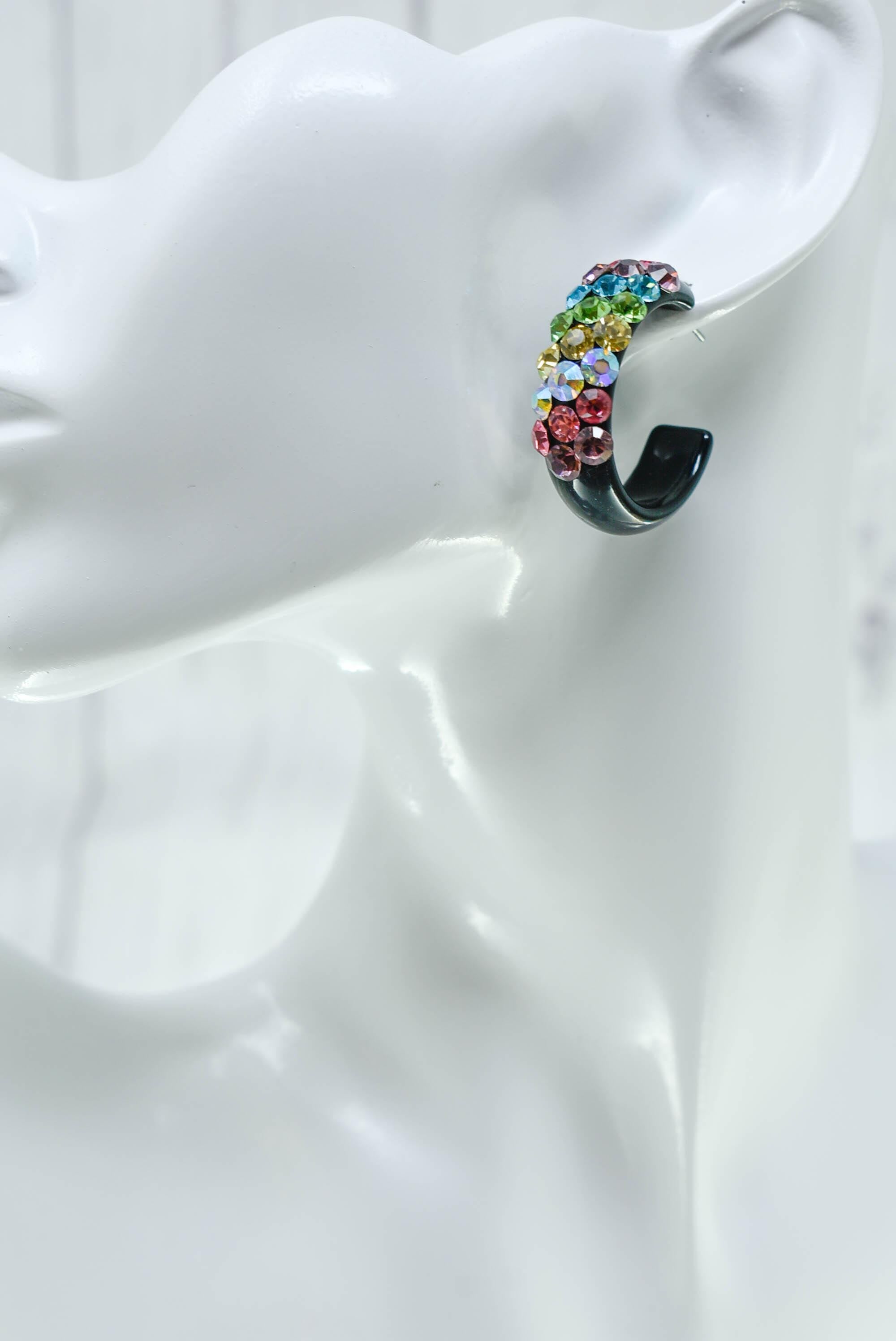 Black Diagonal Pattern Bling Lucite Light Multicolor Rhinestones 1.25" Hoop Earrings Pageant Weddings Night Out