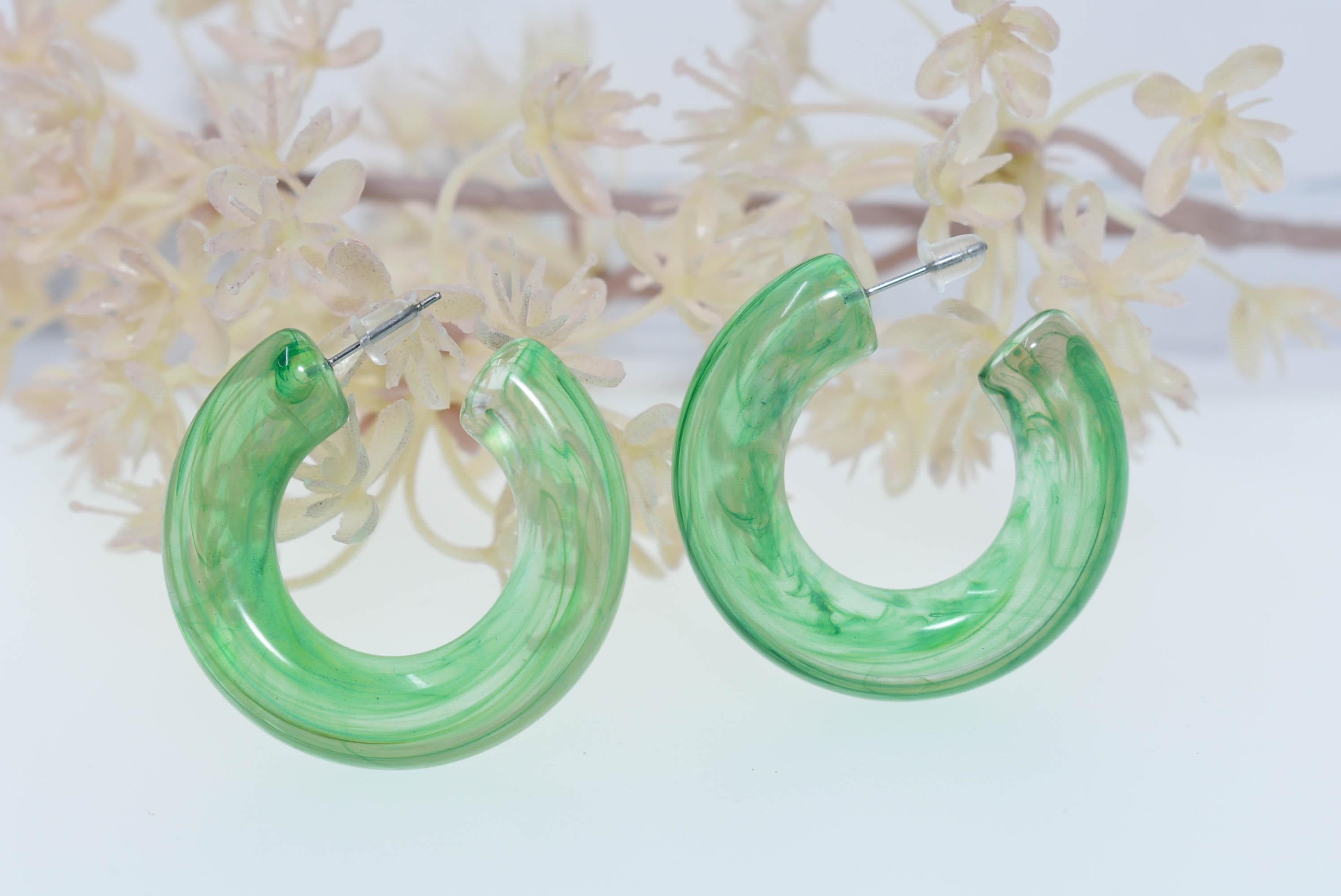 Translucent Green Marbled Color Boho Retro Lightweight Lucite 1.5" Semi Chunky Hoop Earrings