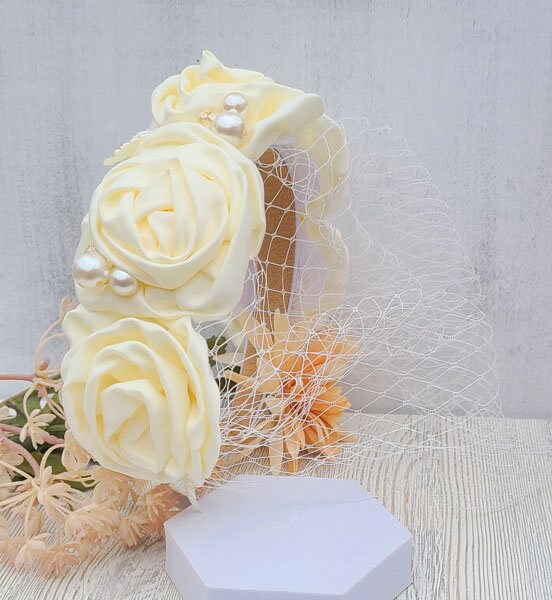 Ivory Satin Rose Bridal Headband: Wedding Veil Fascinator
