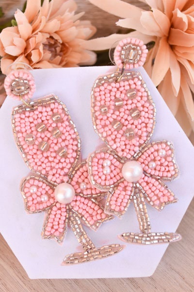 Bachelorette Bridal Shower Statement Pink Seed Bead Bow Accent Champagne Flute Glass Dangle Drop Earrings Women Weddings Bride