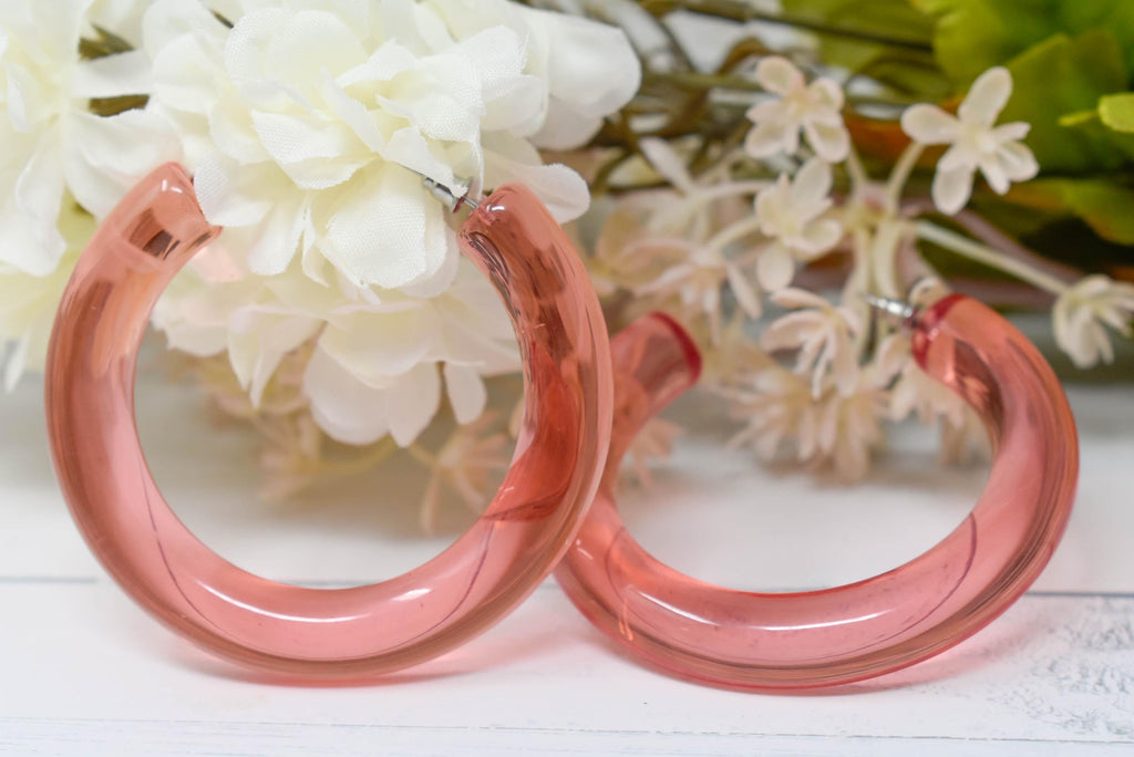 Translucent Clear Pink Peach Retro Chunky Lucite Hoop Earrings