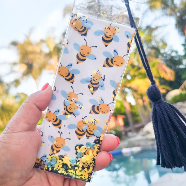 Cute Bumble Bee Theme Pattern Glitter & Sequin Shaker Double Sided Bookmark  Book Lovers Stocking Stuffer Gifts Kids Spring