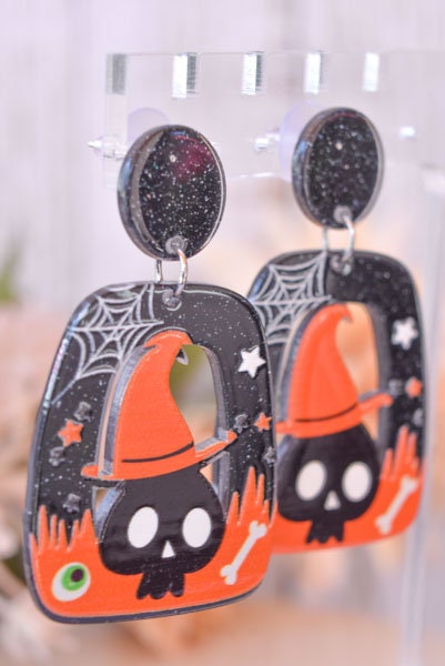 Abstract Shape Halloween Cute Skull Witch Hat Glitter Acrylic Holiday Women Girls Dangle Earrings Emo Goth Steampunk