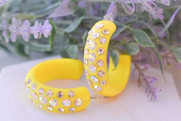 Yellow 3 Row Bling Statement Acrylic Lucite AB/Clear Rhinestones 1" Women's Hoop Earrings Pageant Weddings Night Out Diva Pageant