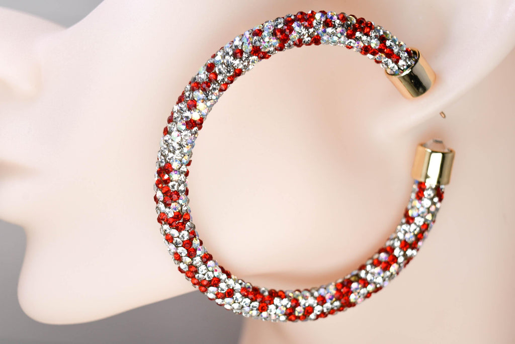 2.5" Ladies Bohemian Multi Tone Red  Clear Rhinestone Sparkle Wrap Pave Open Hoop Earrings Stone Accent Women Party Night Out Bling