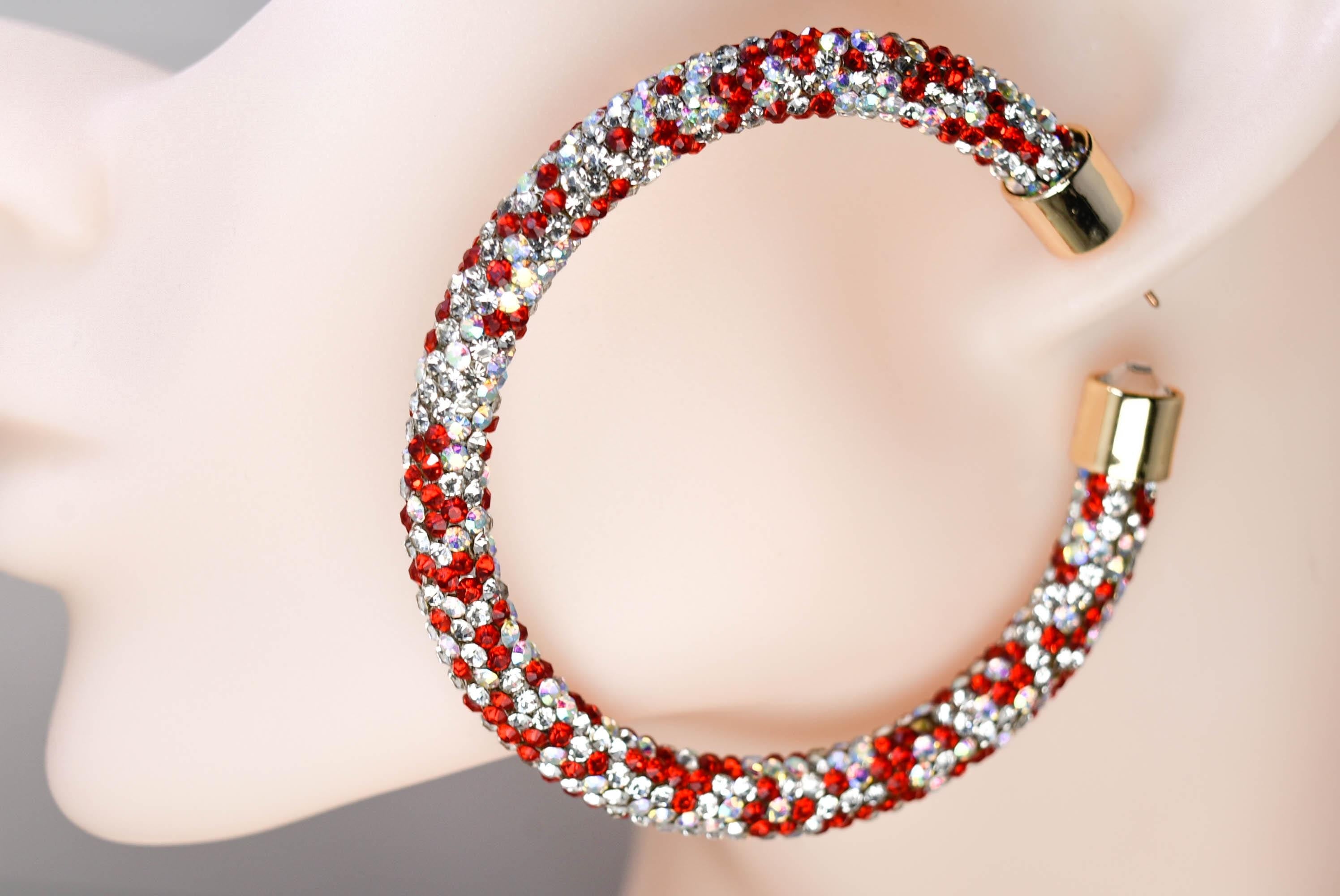 2.5" Ladies Bohemian Multi Tone Red  Clear Rhinestone Sparkle Wrap Pave Open Hoop Earrings Stone Accent Women Party Night Out Bling