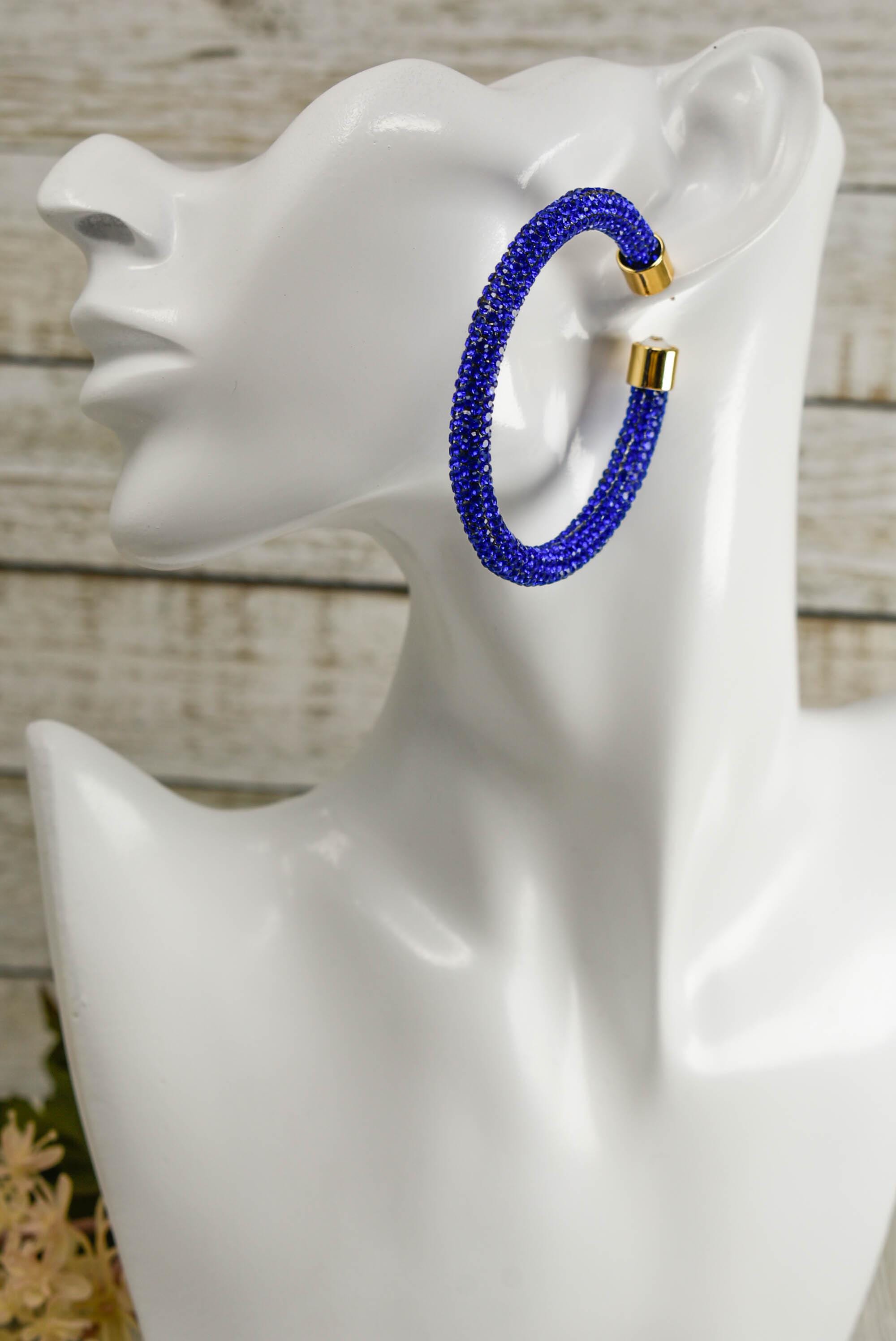 2.5" Ladies Bohemian Royal Blue Rhinestone Sparkle Wrap Pave Open Hoop Earrings Stone Accent Women Party Night Out