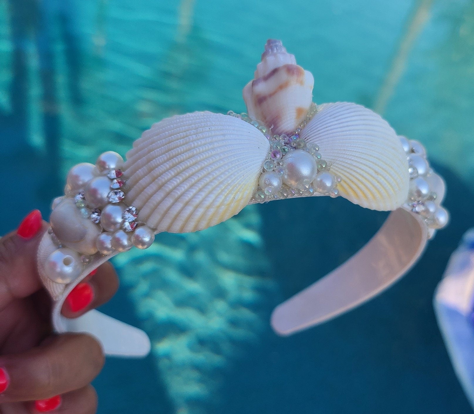 Handmade Seashell Bridal Headband: Pearl & Rhinestone Boho Wedding