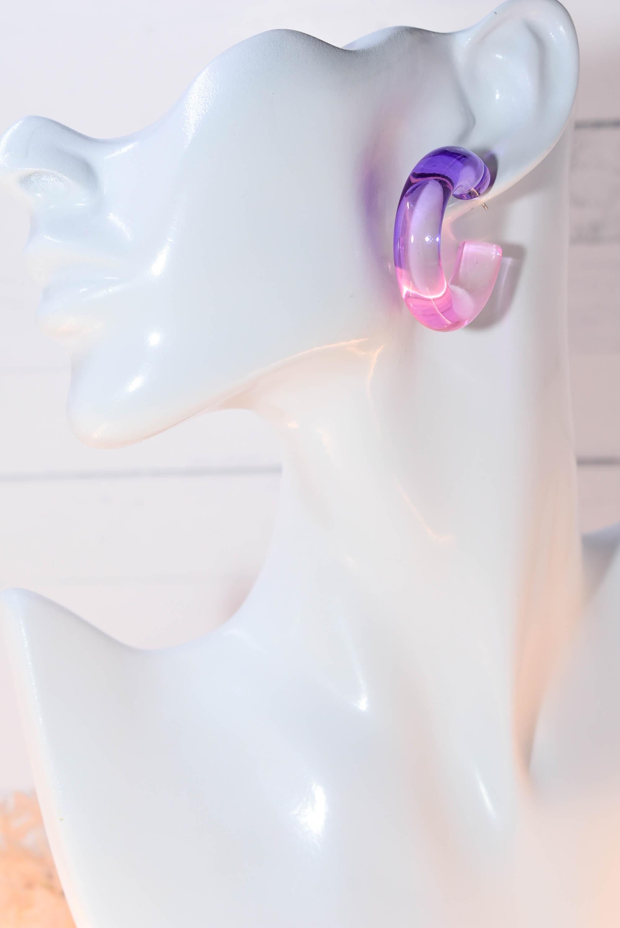 Translucent Gradient Purple Pink Retro Boho Semi Chunky Lucite Ombre Jelly 1.5" Hoop Earrings