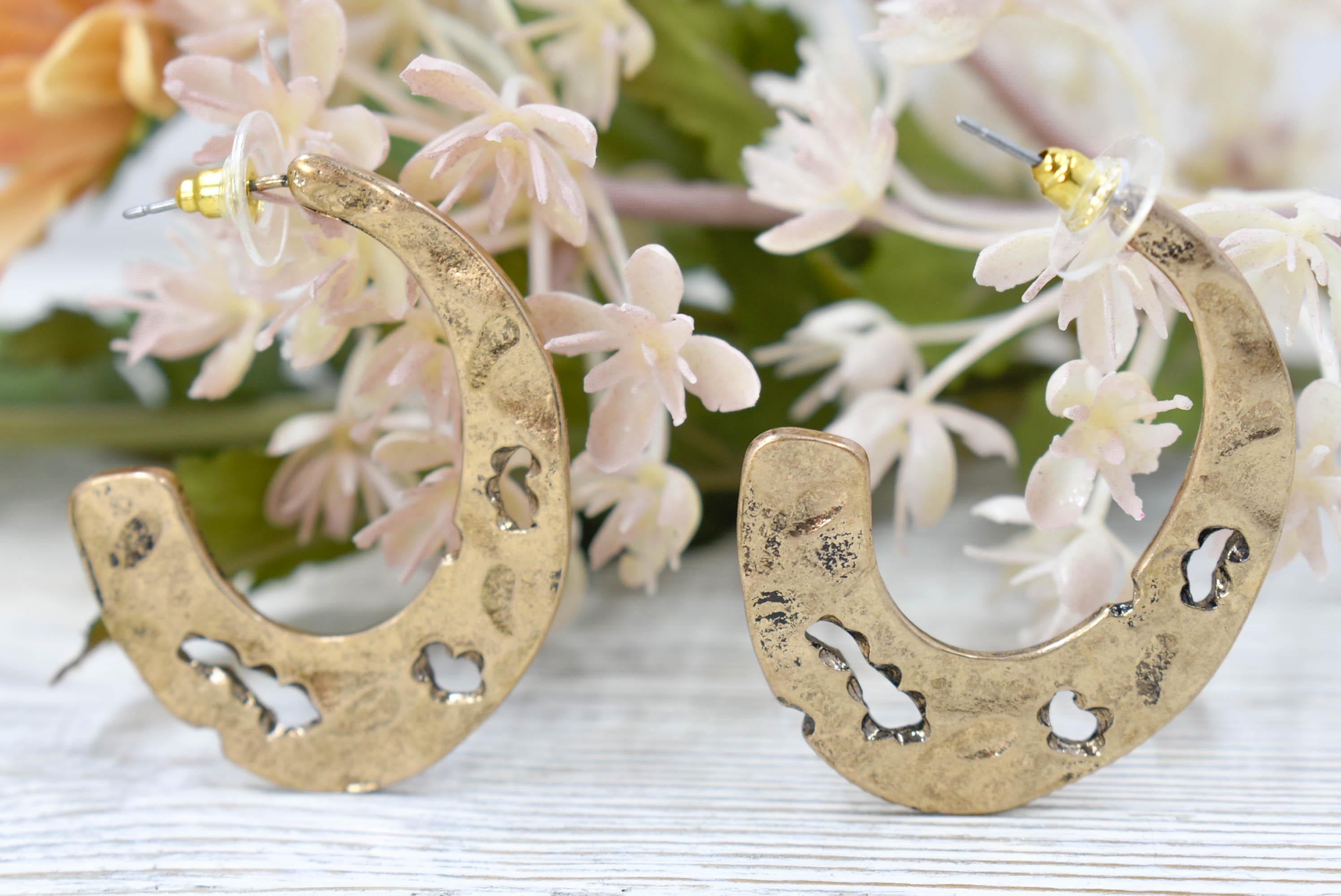 Boho Aged Look Hammered Oblong Gold Tone Hoop Earrings