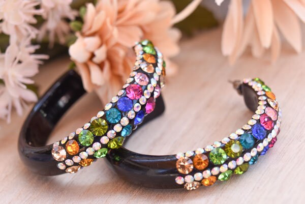 Black 5 Row Bling Statement Acrylic Lucite Multicolor Rhinestones 2" Women's Hoop Earrings Pageant Weddings Night Out Diva Pageant