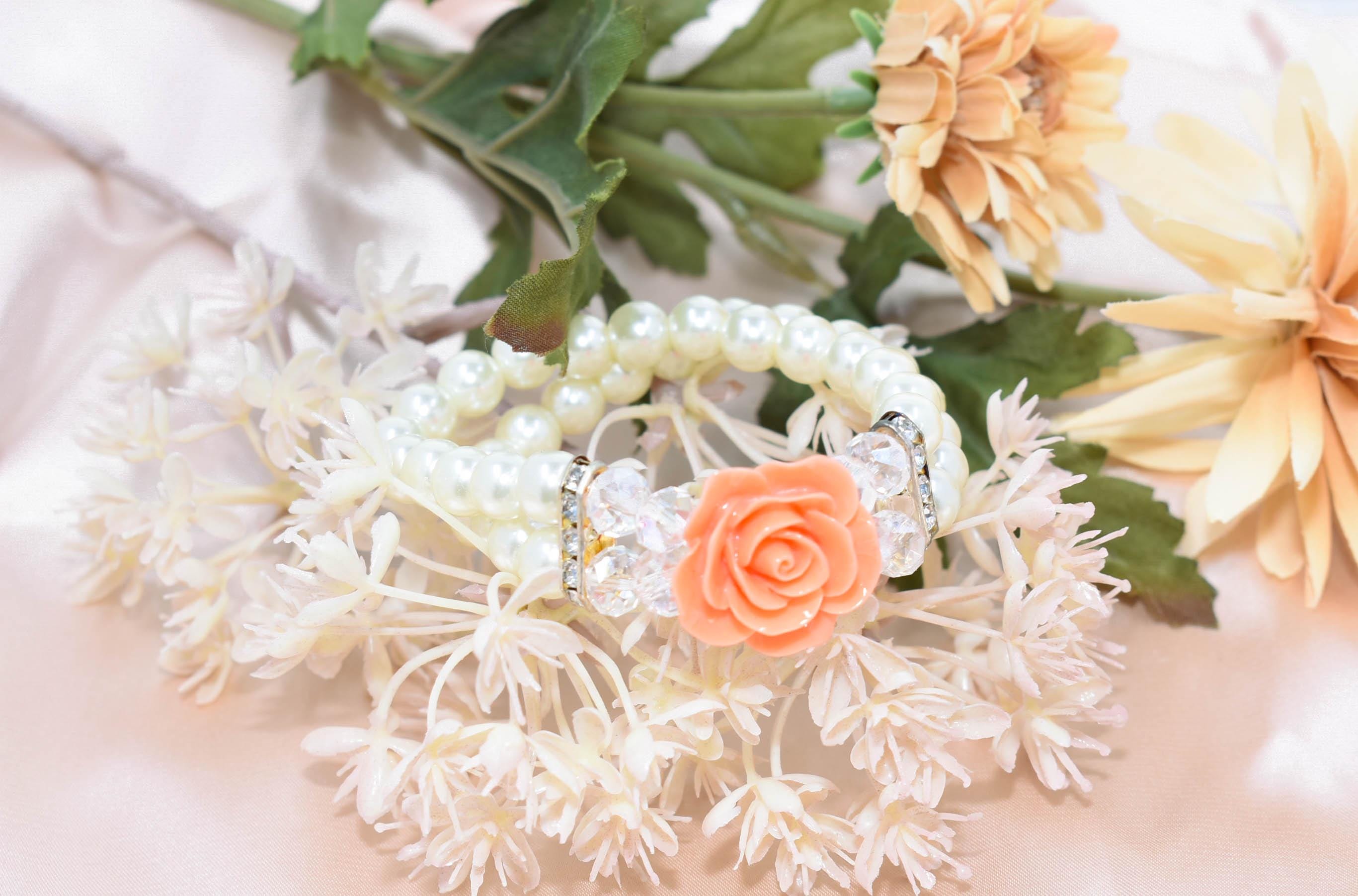 Elegant Double Strand Faux Pearl Crystal Bead Coral Rose Charm Stretch Bracelet