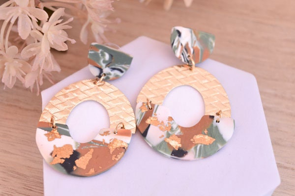 Boho Fashion Statement Handmade Camouflage Polymer Clay Gold Flakes "Alma Army" Dangle Drop Earrings Gifts Women