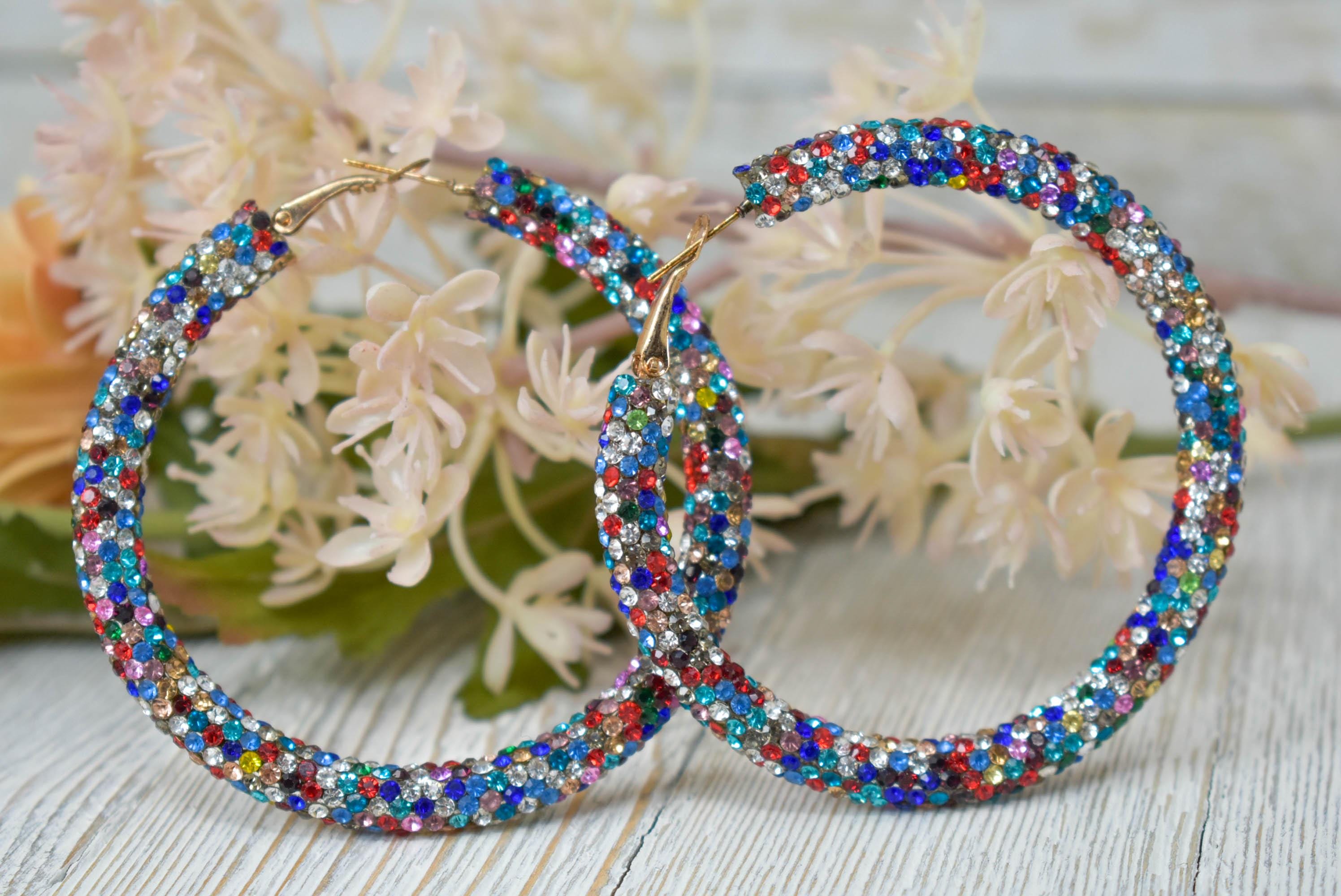 Statement Bohemian 2.5" Multicolor Pave Rhinestone Tube Bling Leverback Hoop Earrings Diva Boujee Fashion Accessories Women's Gifts