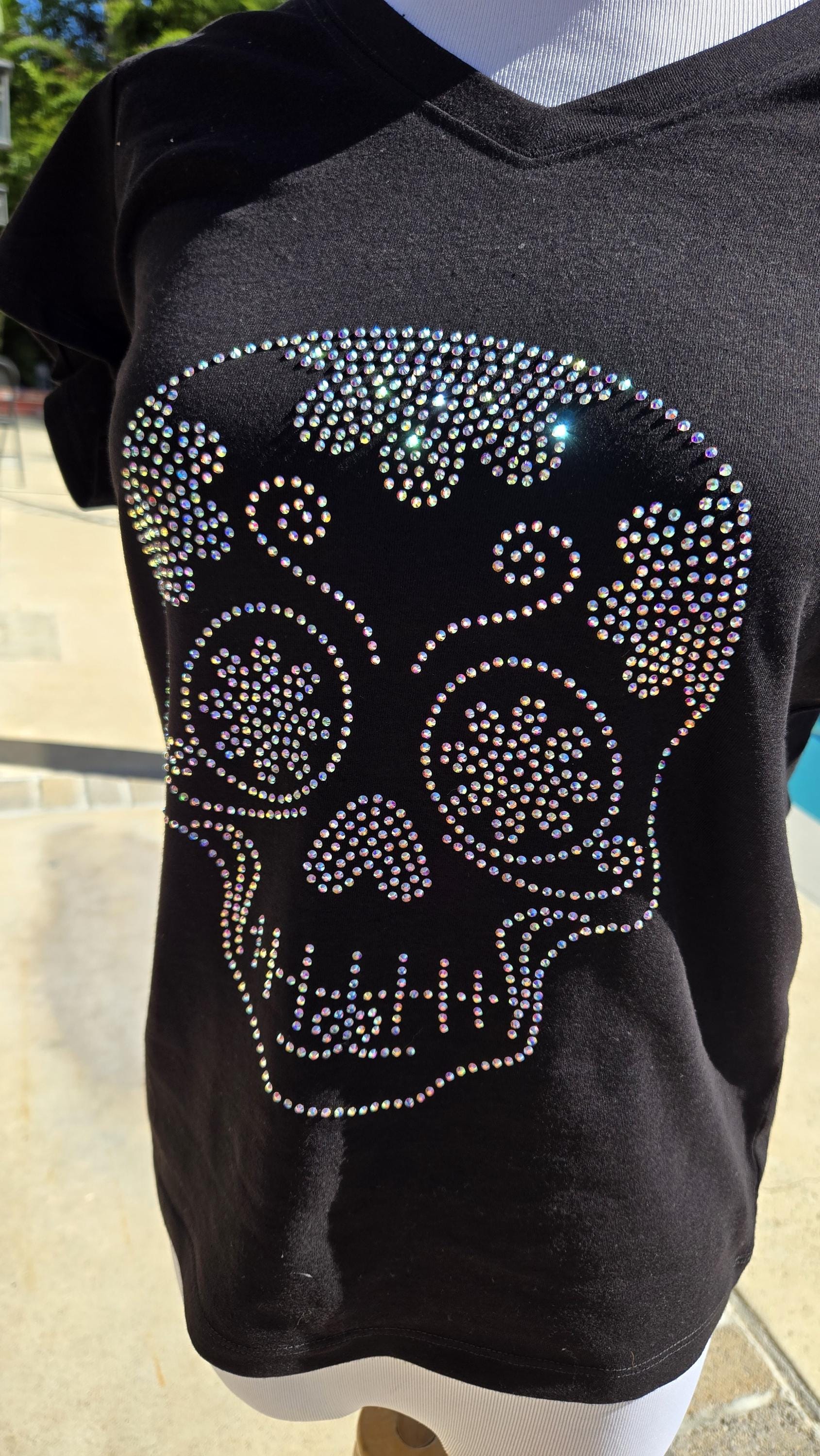 Iridescent Bling Sugar Skull Rhinestone Embellished V Neck T Shirt Dia De Los Muertos