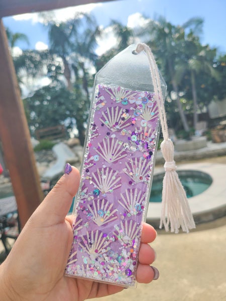 Sea Shell Print Mermaid Sea Theme Glow In The Dark Glitter & Sequin Shaker Bookmark Book Lovers Stocking Stuffer Gifts Kids