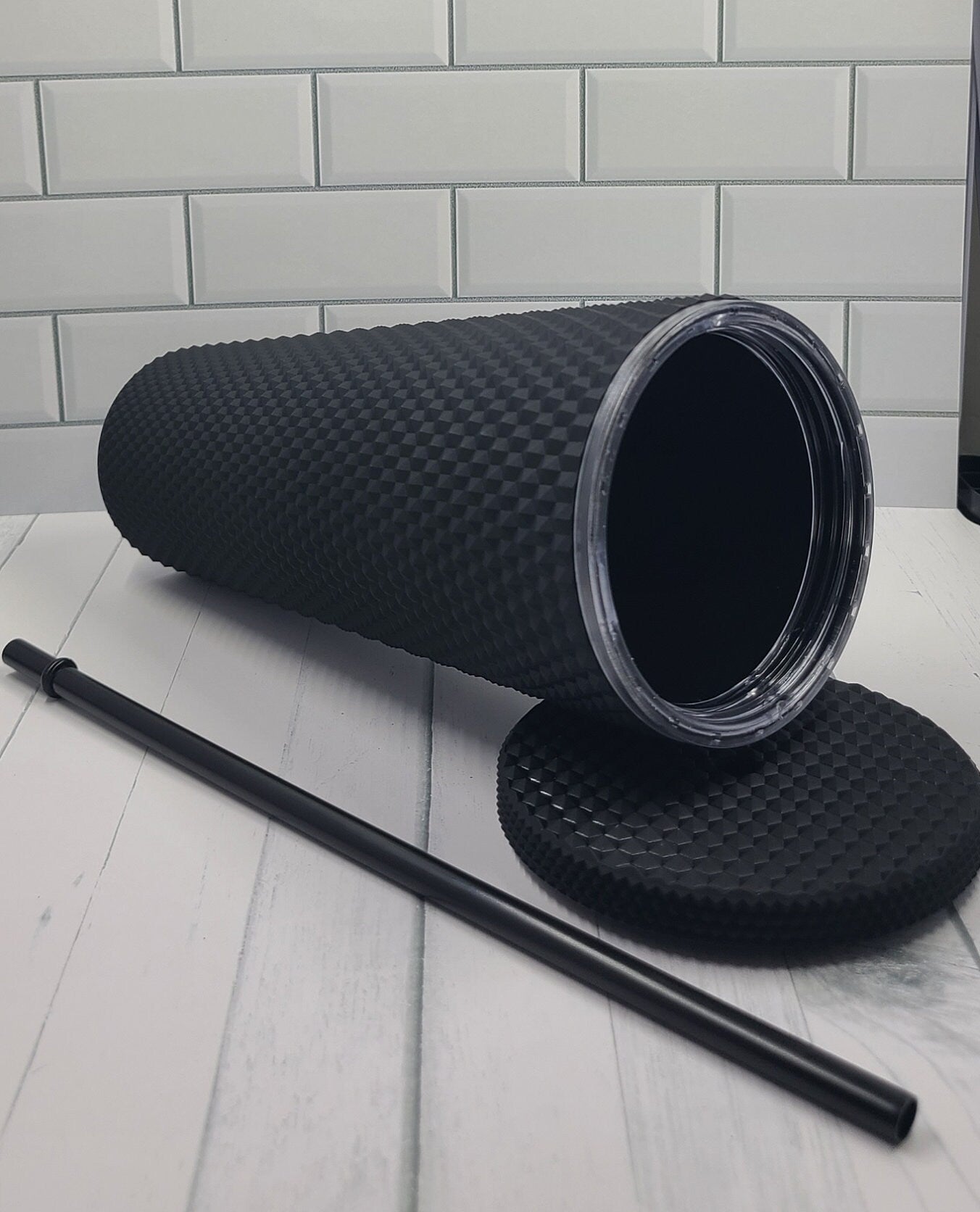 24oz Black Matte Studded Soft Texture To Go Travel Tumbler Cup Blank Center Circle with Lid and Matching Straw