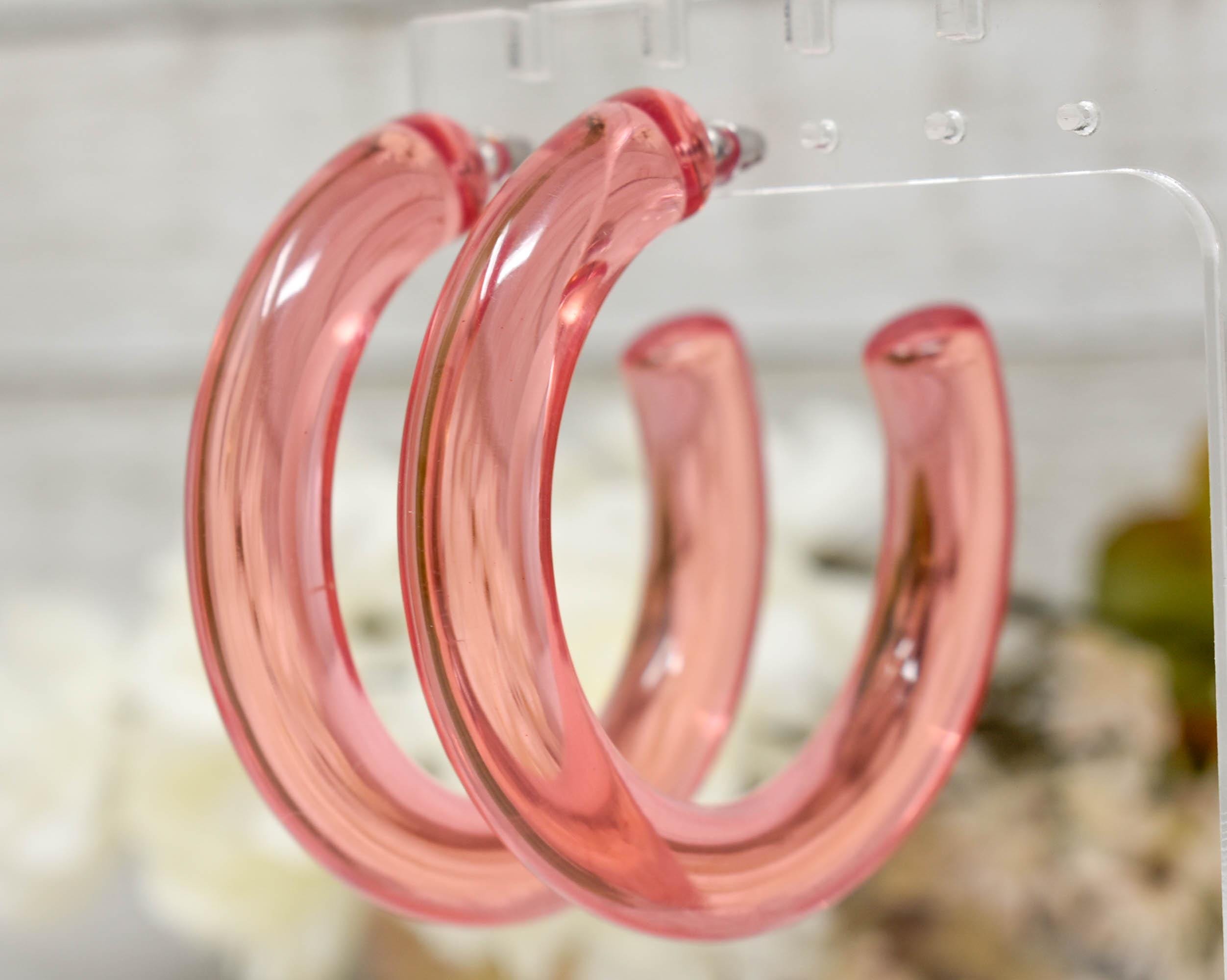 Translucent Clear Pink Peach Retro Chunky Lucite Hoop Earrings