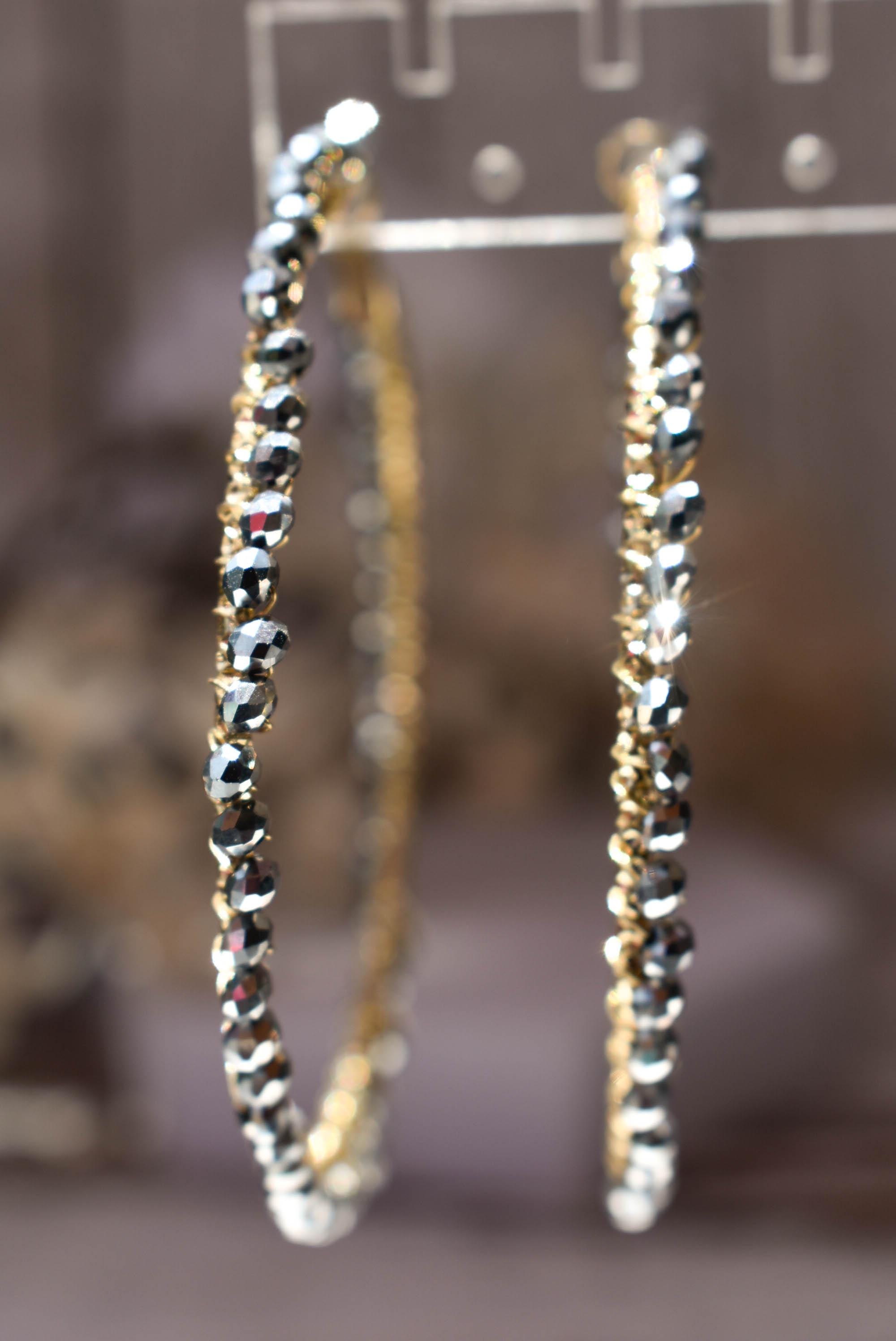 Statement Boho Hematite Gray Mini Crystal Glass Beads 2.75" Gold Tone Hoop Earrings Stylish Jewelry Women's Fashion Diva Accessory Pageant