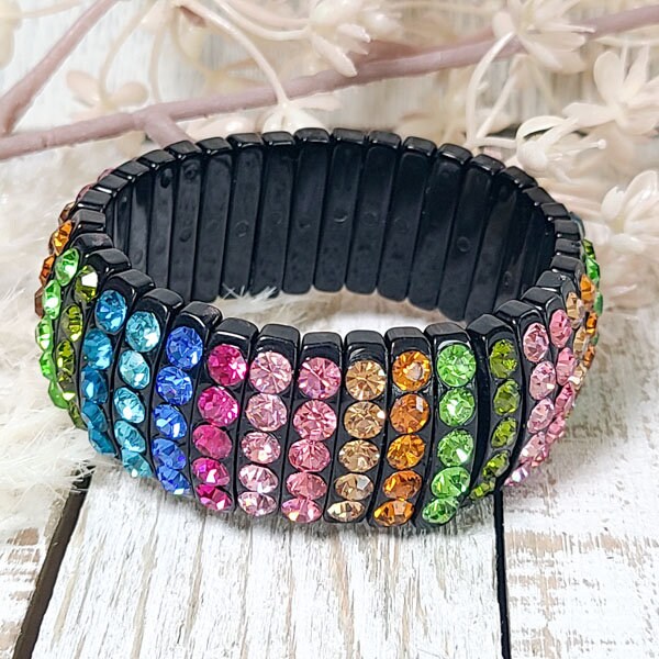 Black Stretch Segmented Bracelet with Multicolor Rhinestones Women's Fashion Statement Jewelry Pageant Night Out
