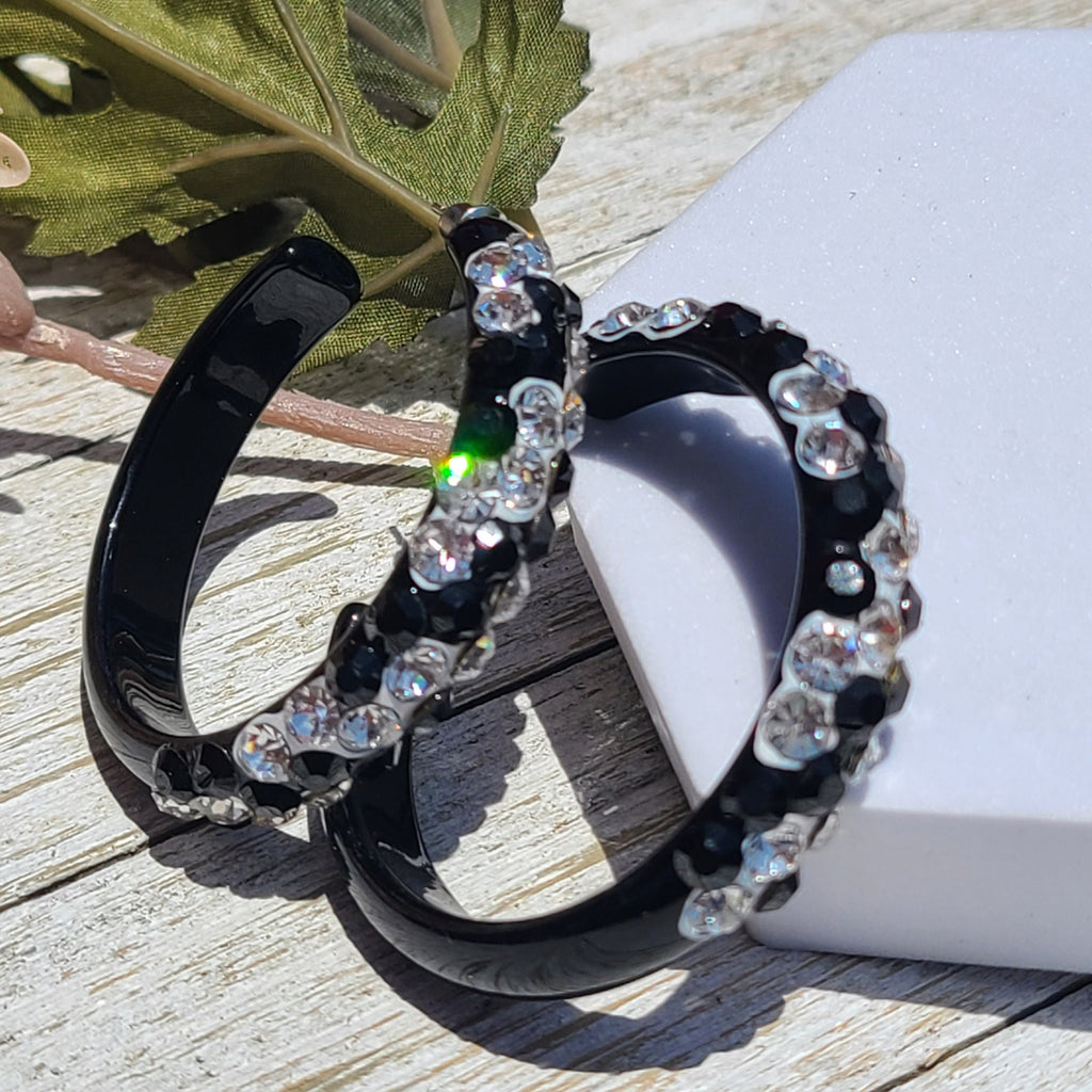 Black Bling Statement Acrylic Lucite Clear/Black Rhinestones 2" Women's Hoop Earrings with White Paint Accent Pageant Weddings Night Out