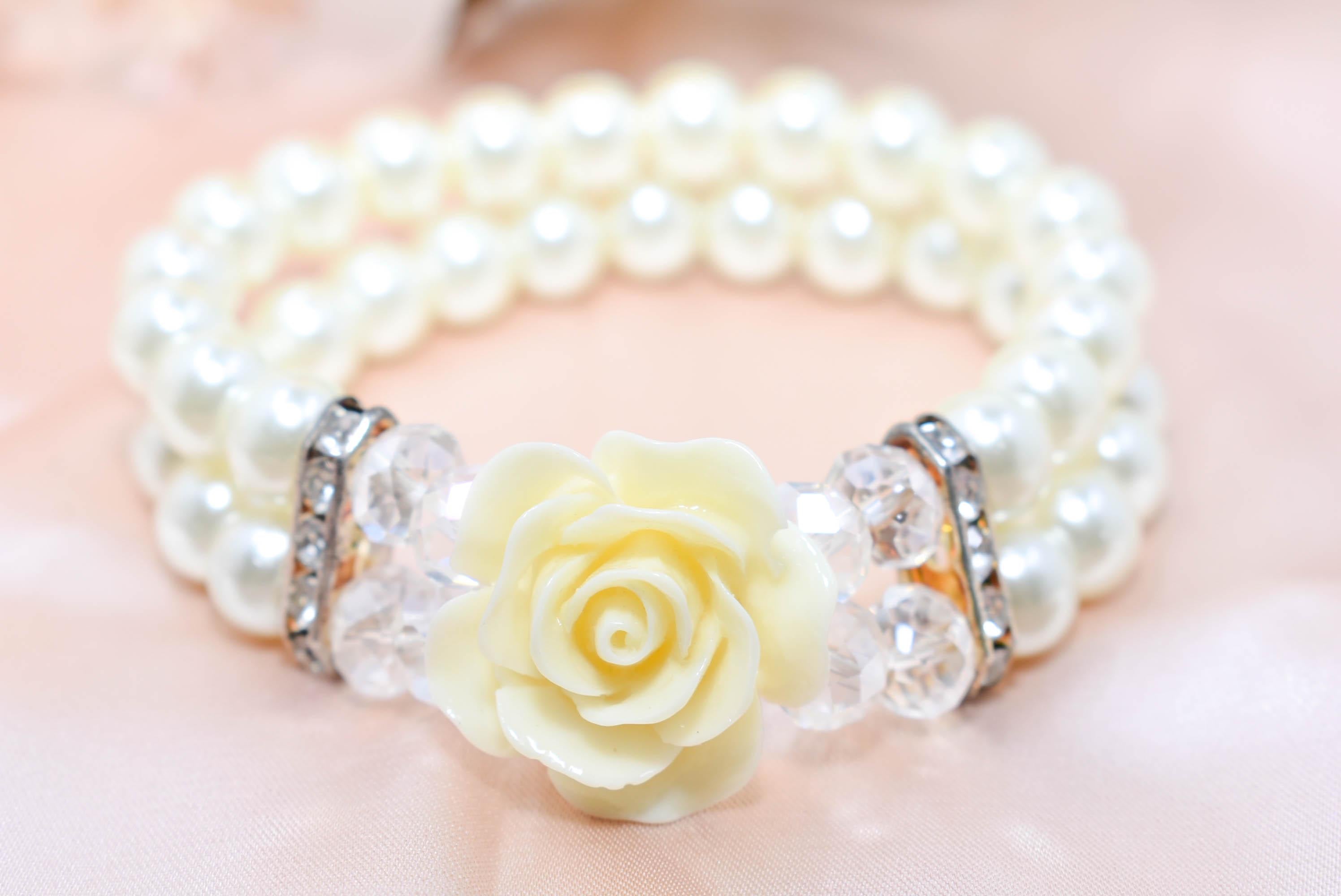 Elegant Double Strand Faux Pearl Crystal Bead Ivory Rose Charm Stretch Bracelet
