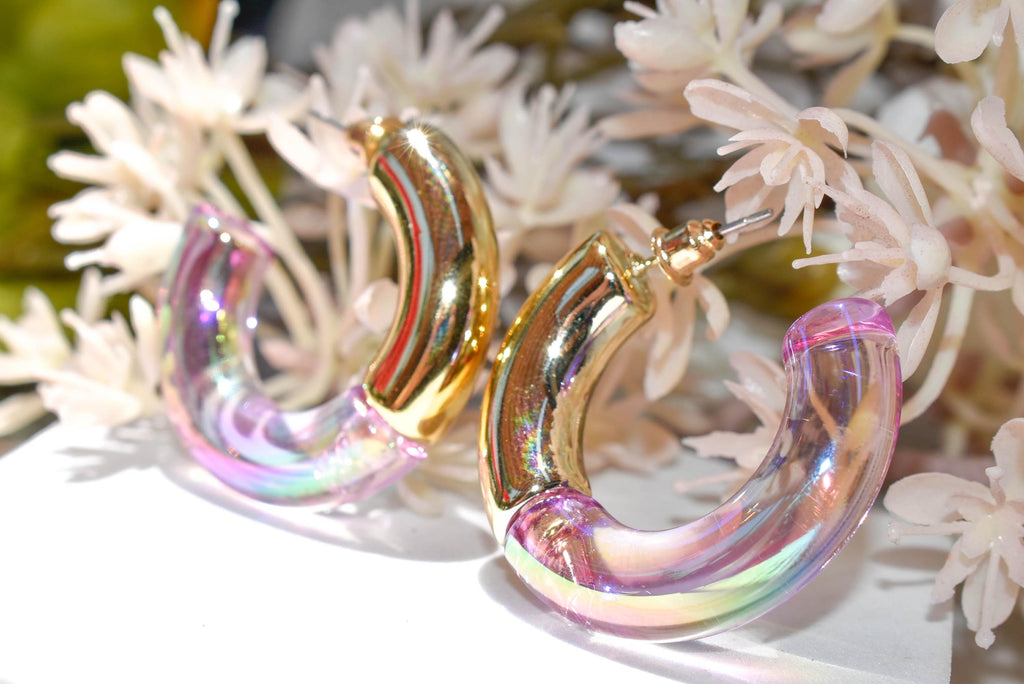 Two Toned Retro Gold Color/Iridescent Light Purple Translucent Lucite 1.5" Hoop Earrings