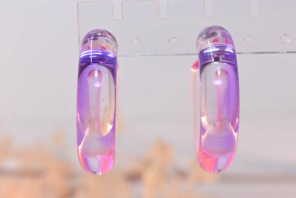 Translucent Gradient Purple Pink Retro Boho Semi Chunky Lucite Ombre Jelly 1.5" Hoop Earrings