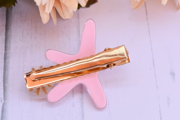 Small Pink Iridescent Flakes Resin Starfish & Rhinestone Gold Color Metal Girls Women Cute Barrette Hair Clip Hair Accessory