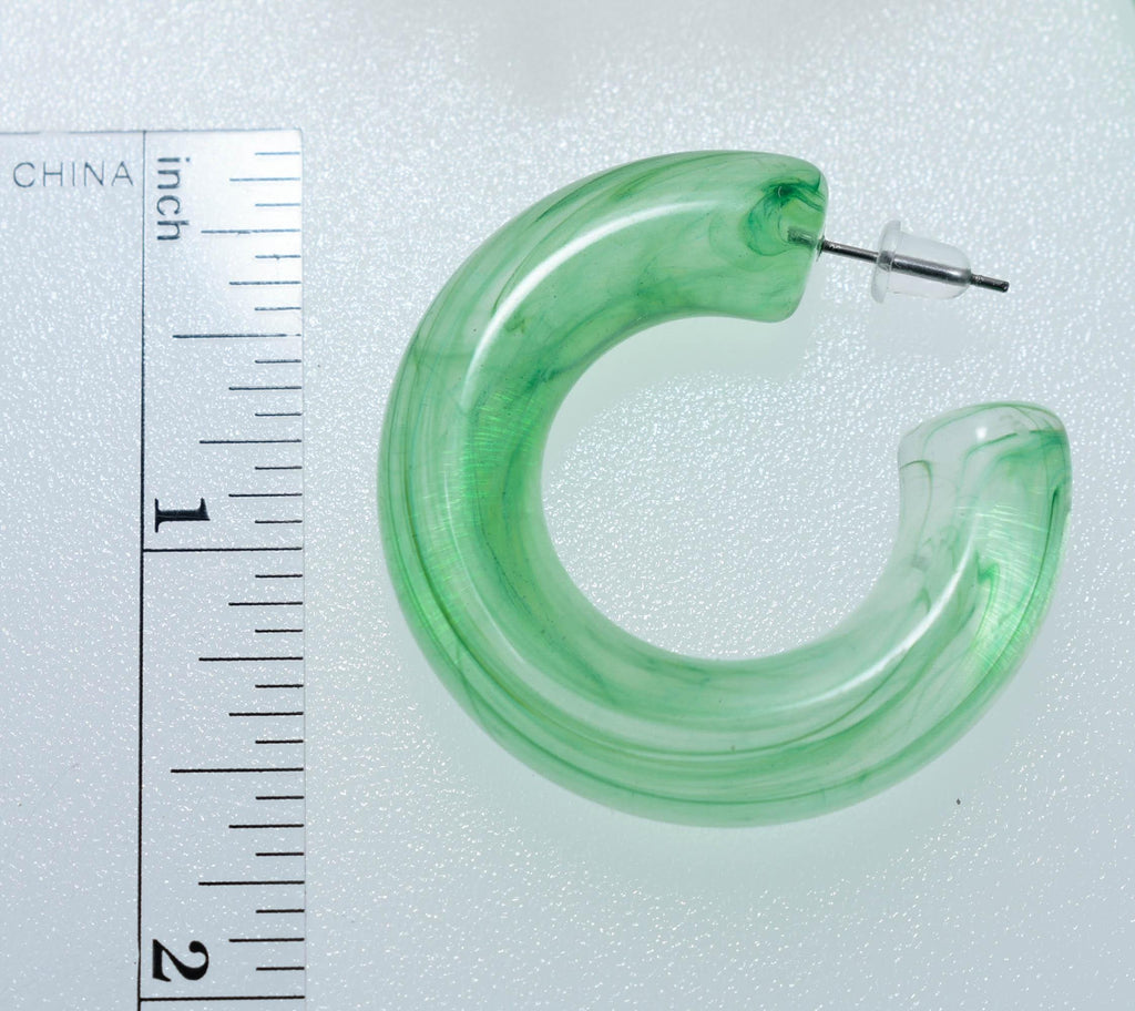 Translucent Green Marbled Color Boho Retro Lightweight Lucite 1.5" Semi Chunky Hoop Earrings