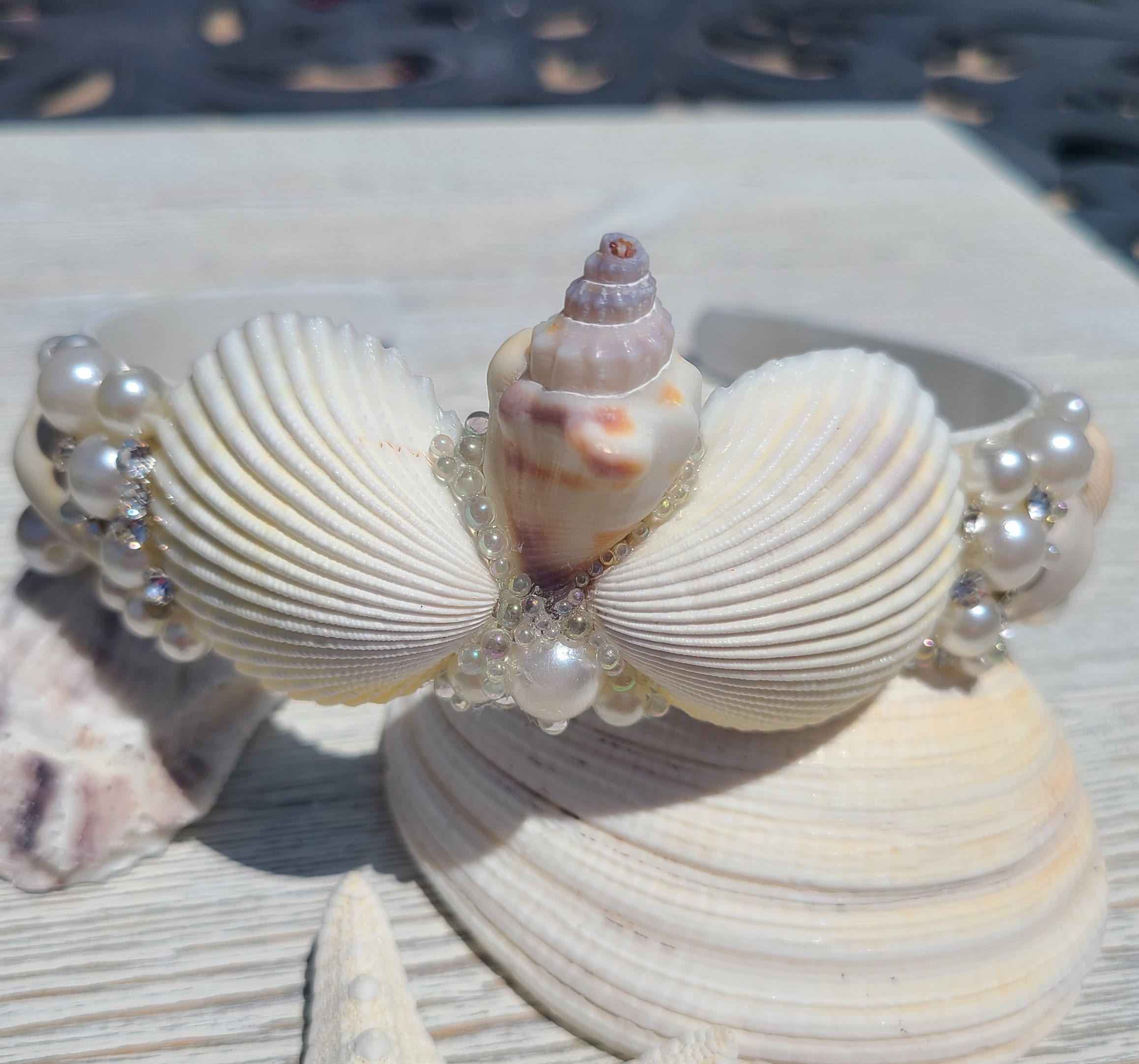 Handmade Seashell Bridal Headband: Pearl & Rhinestone Boho Wedding