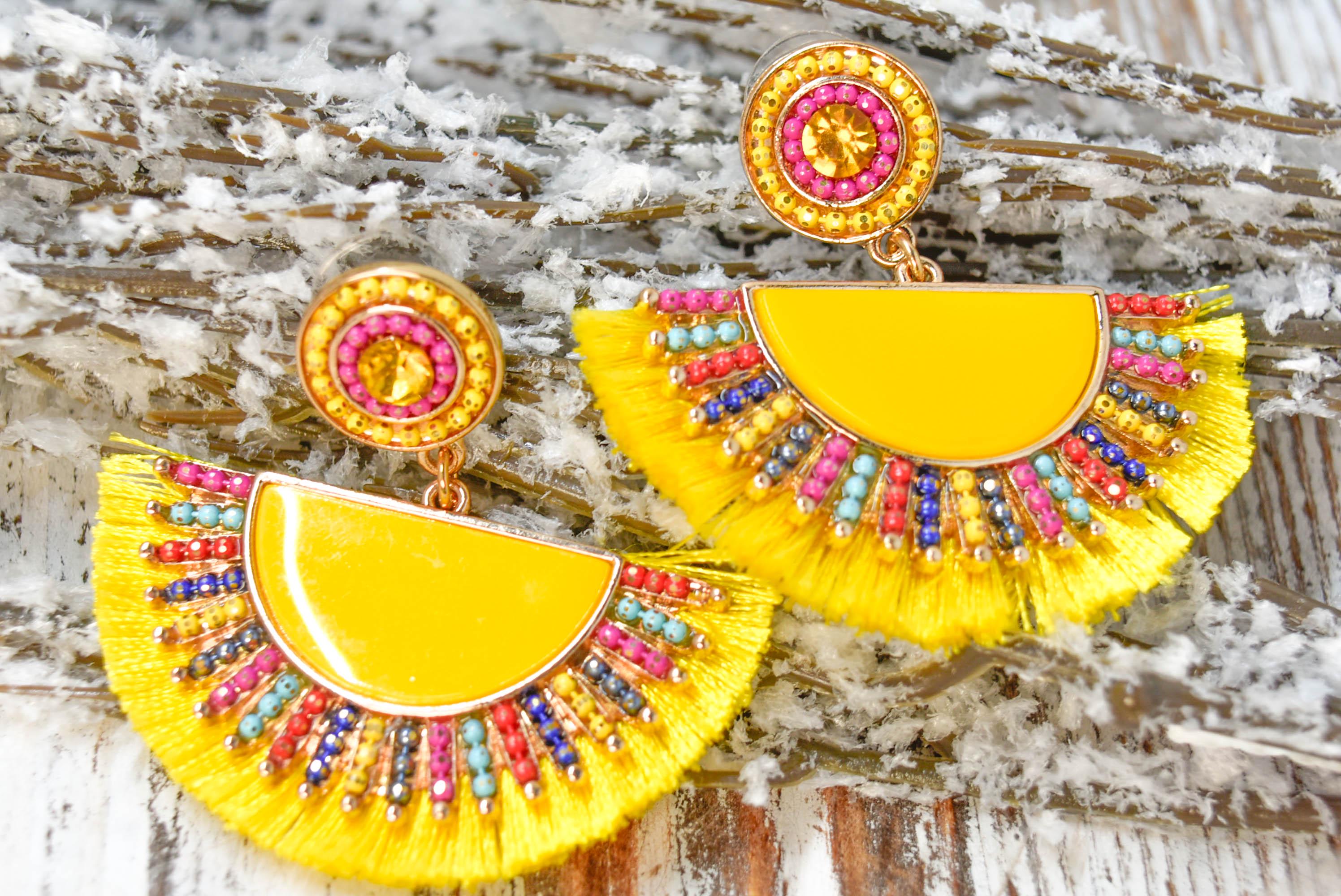 Statement Boho Yellow Fan Shape Beaded Tassel Dangle Earrings Women Gifts Vacation