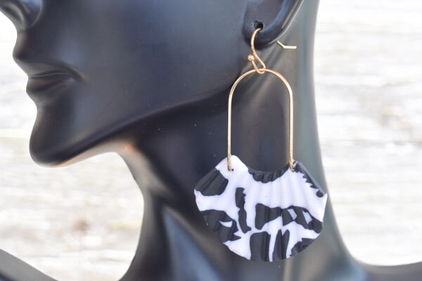 Boho Fashion Statement Handmade Polymer Clay "Casey" Dangle Drop Earrings Gifts Women Black and White