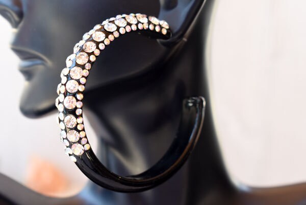 Black 5 Row Bling Statement Acrylic Lucite AB/Clear Rhinestones 2.5" Women's Hoop Earrings Pageant Weddings Night Out Diva Pageant