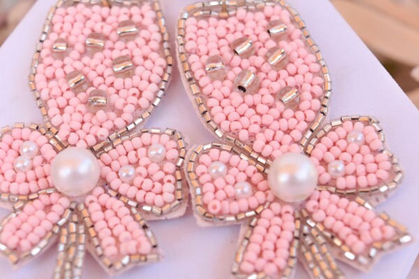 Bachelorette Bridal Shower Statement Pink Seed Bead Bow Accent Champagne Flute Glass Dangle Drop Earrings Women Weddings Bride