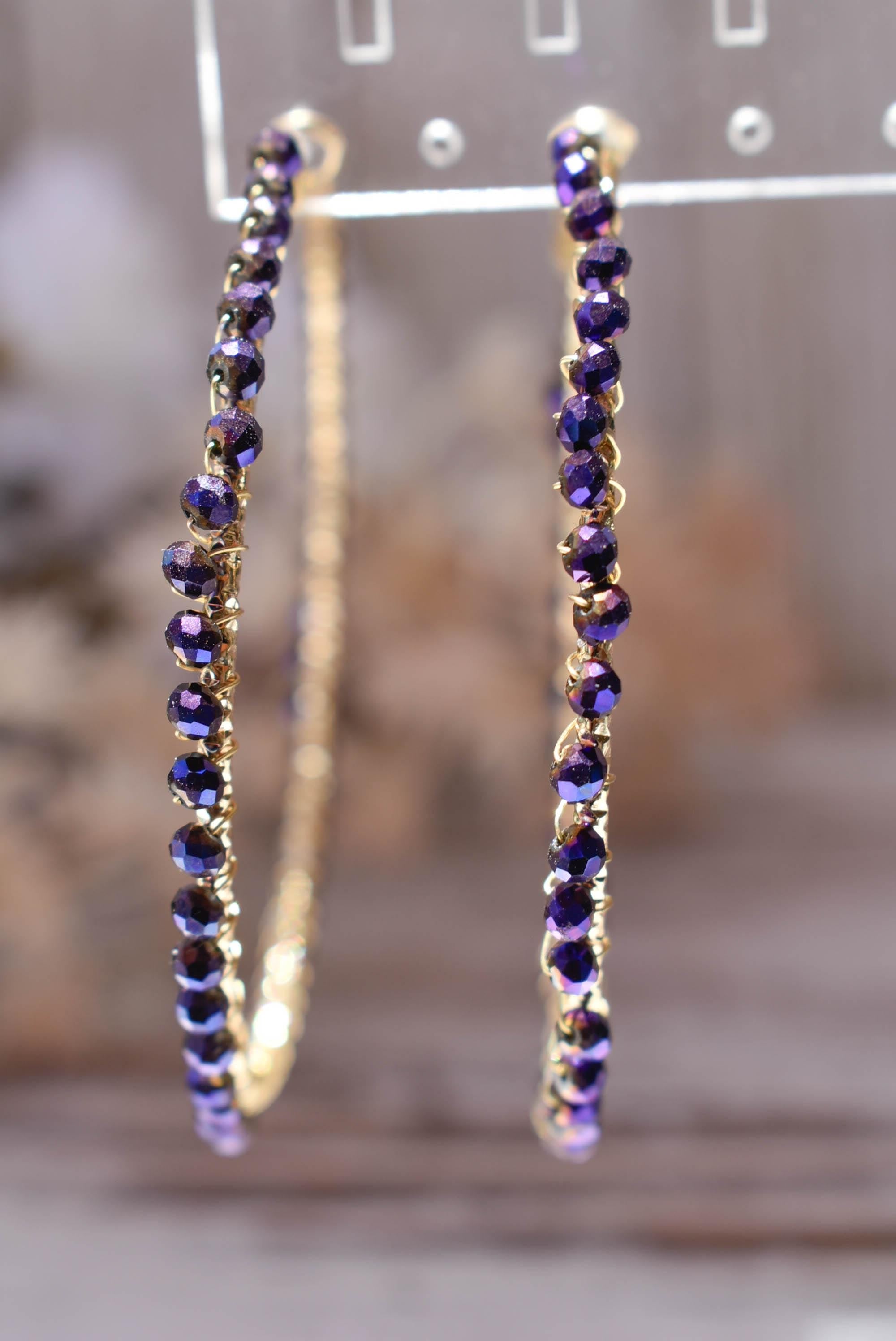 Boho Hematite Purple Mini Crystal Glass Beads 2.75" Gold Tone Hoops
