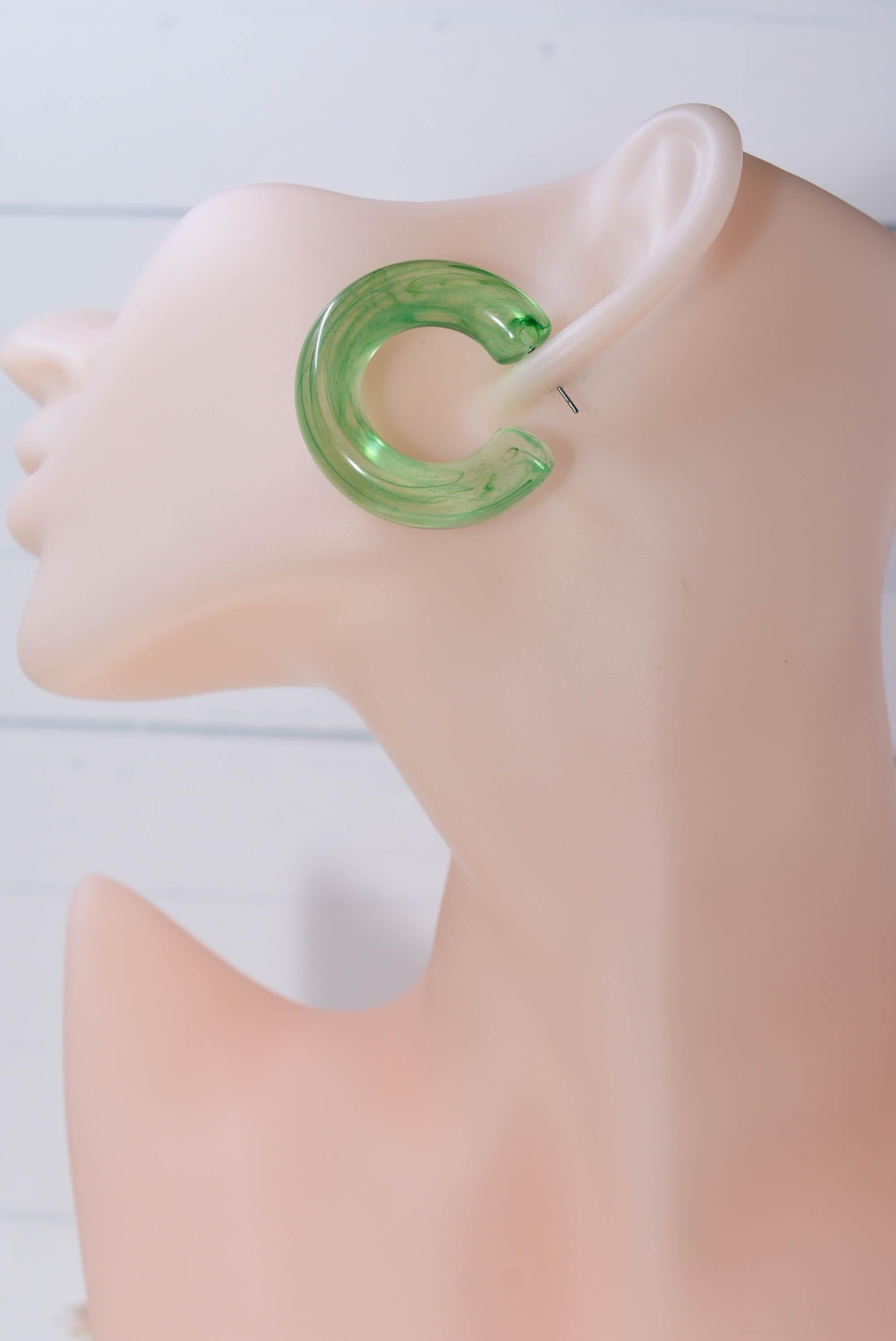 Translucent Green Marbled Color Boho Retro Lightweight Lucite 1.5" Semi Chunky Hoop Earrings