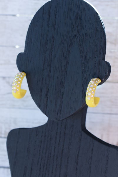 Yellow 3 Row Bling Statement Acrylic Lucite AB/Clear Rhinestones 1" Women's Hoop Earrings Pageant Weddings Night Out Diva Pageant