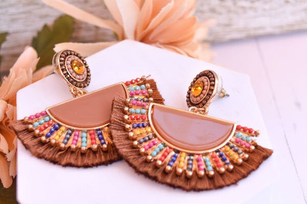 Statement Boho Brown Fan Shape Beaded Tassel Dangle Earrings Women Gifts Vacation