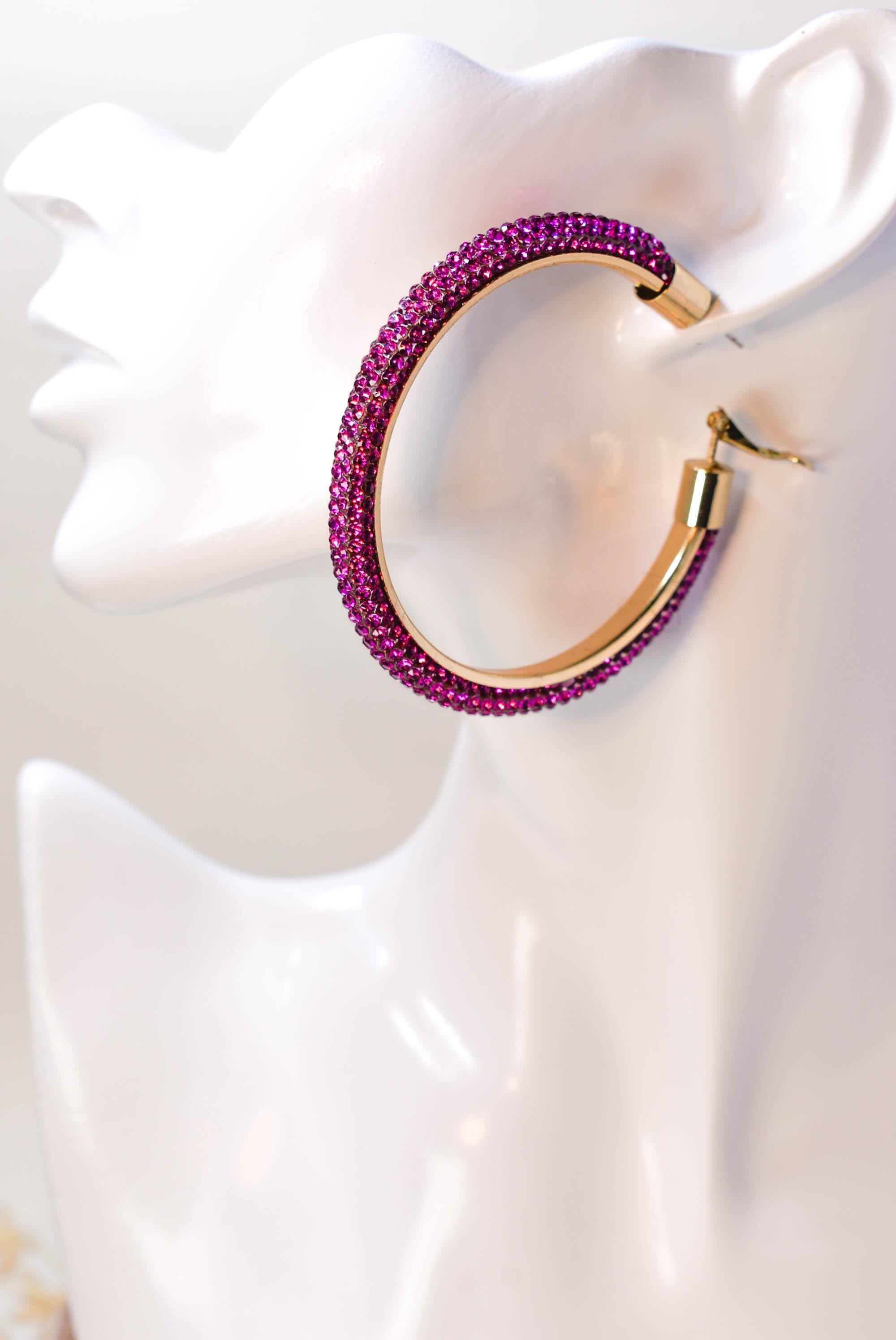 2.5" Large Fuschia Pink Bling Diva Pave Resin Set Rhinestone Hoop Earrings Women Party Night Out