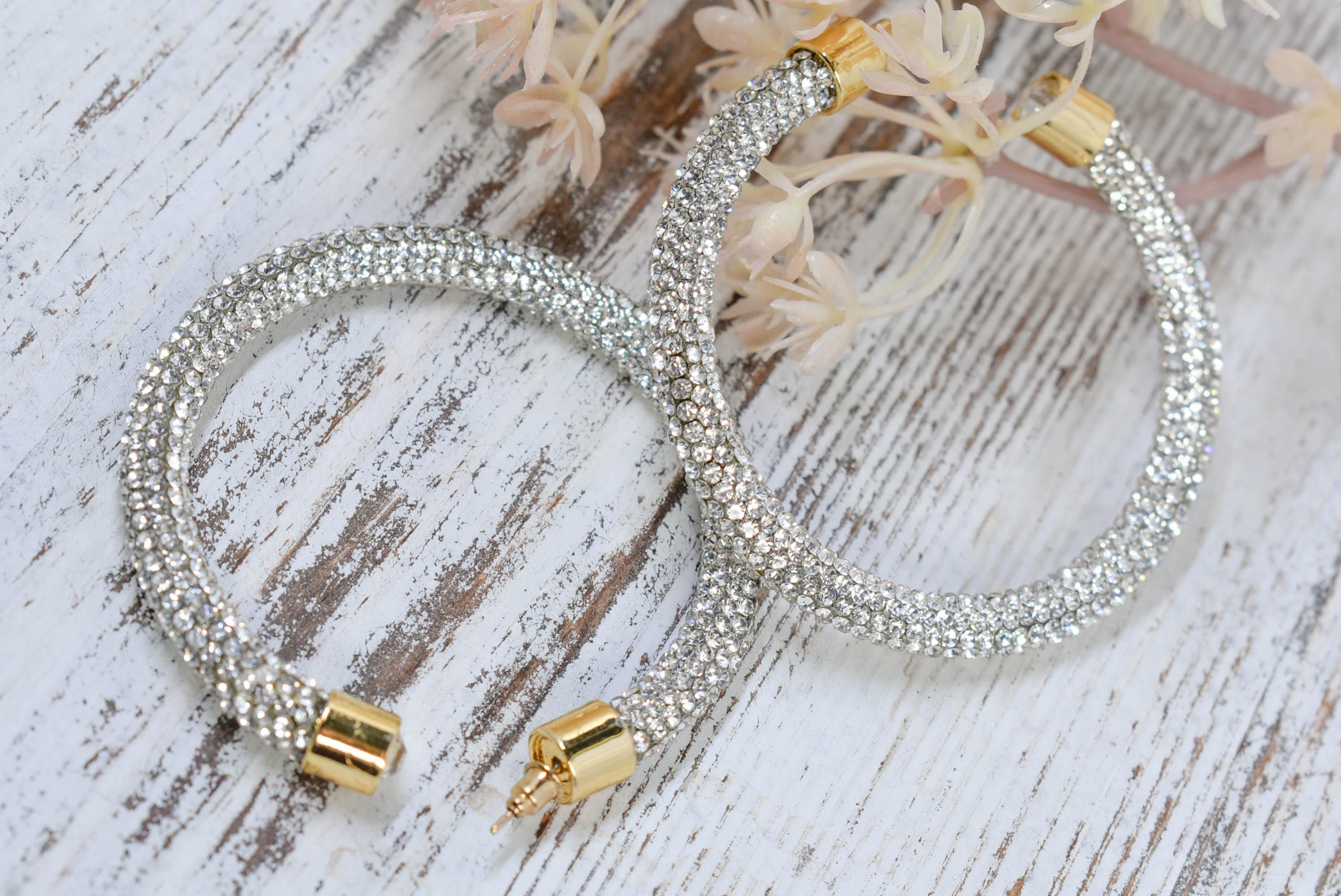 2.5" Ladies Bohemian Clear Rhinestone Sparkle Wrap Pave Open Hoop Earrings Stone Accent Women Party Night Out