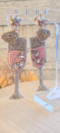 Bachelorette Bridal Shower Statement Pink Seed Bead Rhinestone Accent Champagne Flute Glass Dangle Drop Earrings Women Weddings Bride