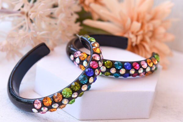 Black 3 Row Bling Statement Acrylic Lucite Multicolor Rhinestones 2.5" Women's Hoop Earrings Pageant Weddings Night Out
